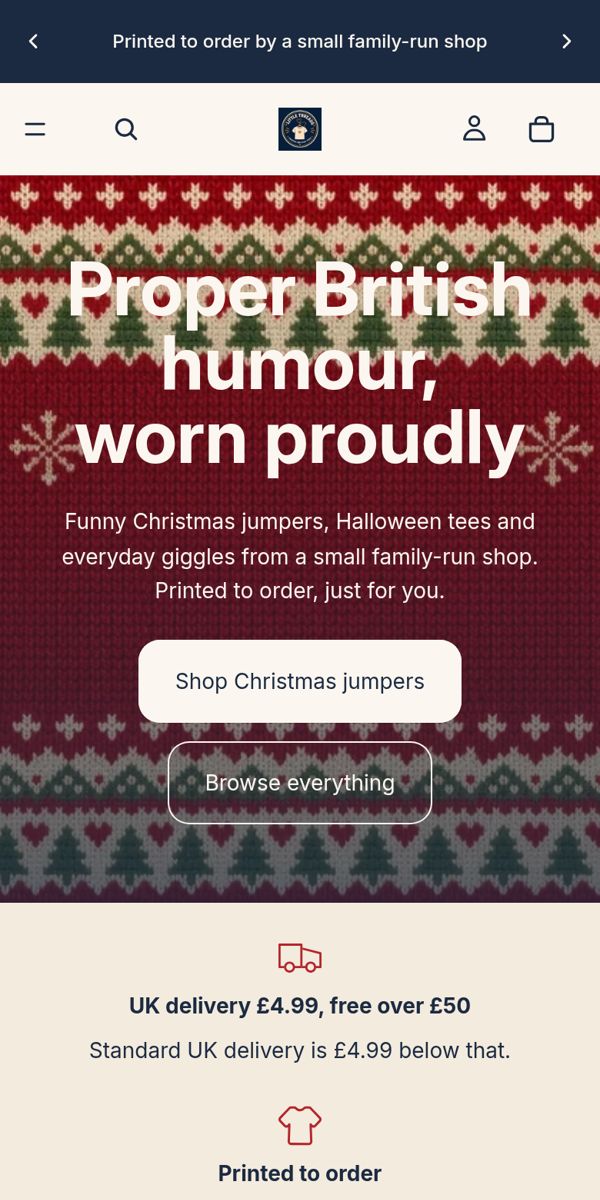 The Little Threads shop homepage on a phone, showing the jumper banner and the line 'UK delivery £4.99, free over £50'.